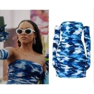 Miscreants Ruched Cupid Mini Dress And Gloves Blue Marble Swirl Party